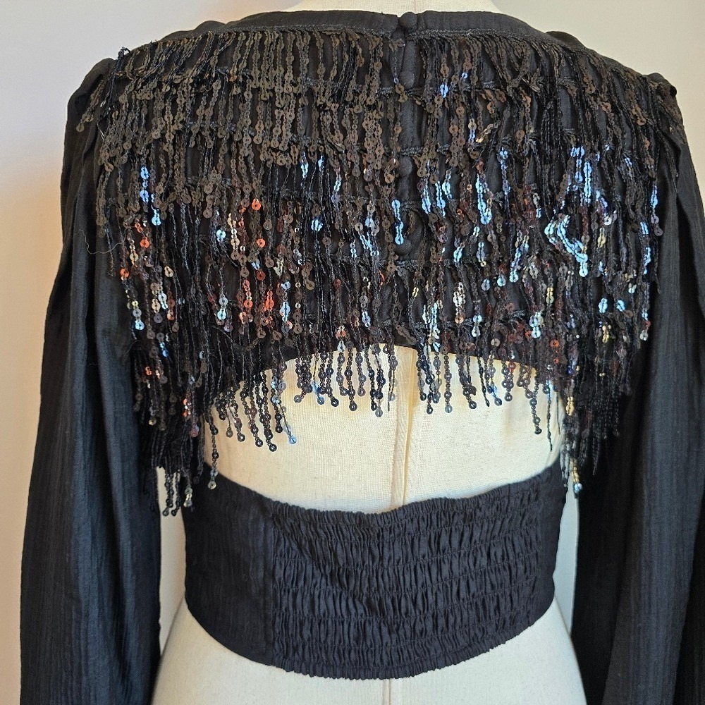 Anthropologie NWT Current Air Black Sequin Back Blouson Sleeve Top SZ Large Glam - Picture 9 of 13